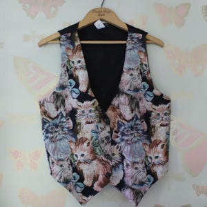 vintage 1980s 90s cat tapestry vest - sleeveless meow cat lady lover