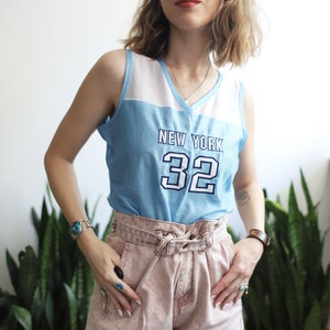 Vintage 1990s 2000s y2k xs small New York 32 sleeveless jersey tank top shirt / pastel light blue image 2