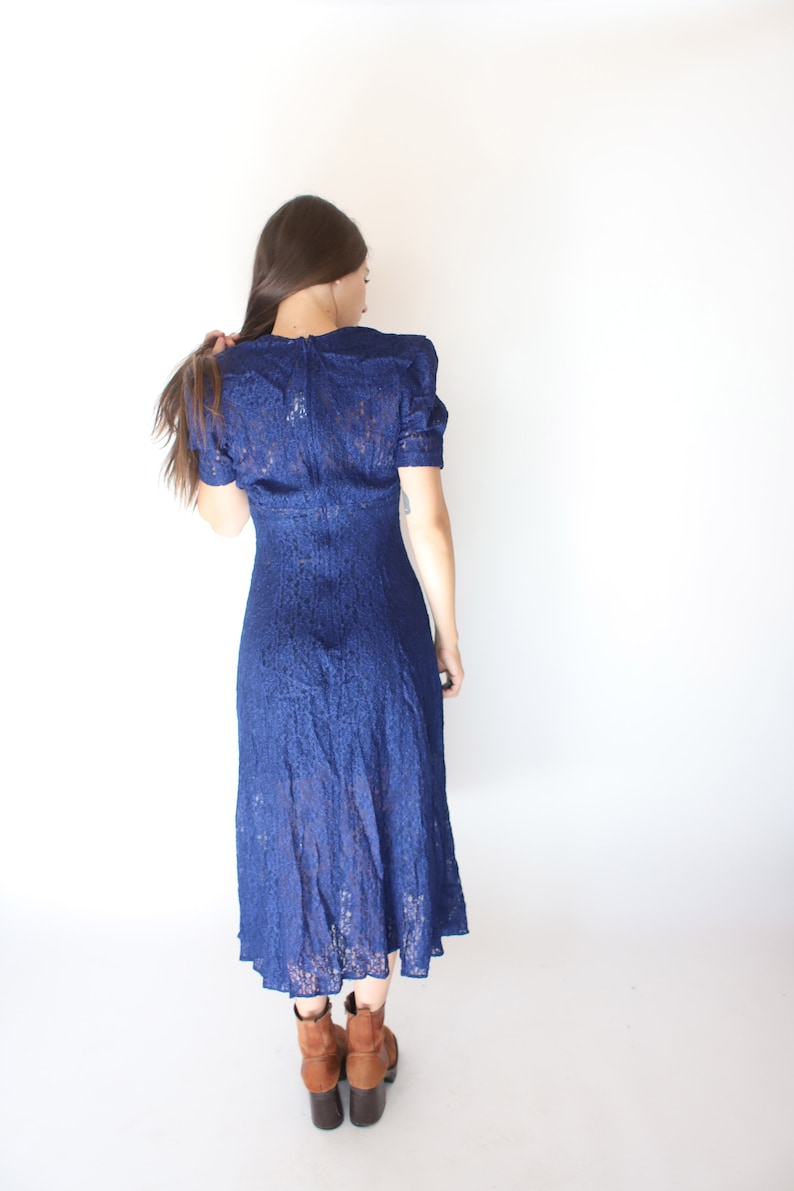 Vintage 1990s All That Jazz xs small dark blue lace dress 40s inspired puff sleeves sheer