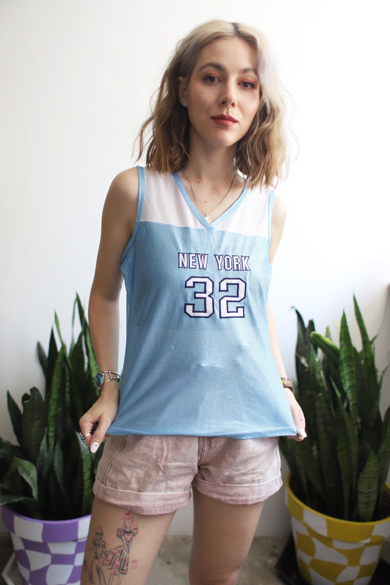 Vintage 1990s 2000s y2k xs small New York 32 sleeveless jersey tank top shirt / pastel light blue image 5