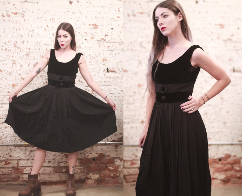 cocktail party full skirt formal evening Vintage 1950s XS small Tailored Junior black velvet dress sleeveless little black dress