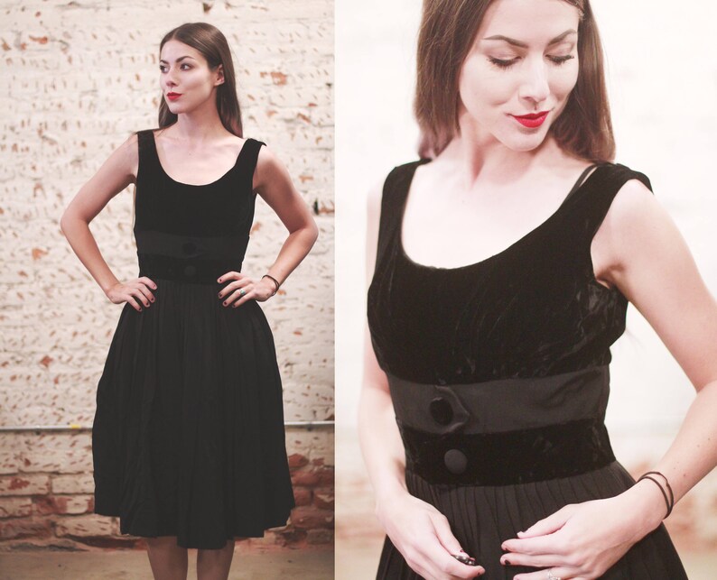 cocktail party full skirt formal evening Vintage 1950s XS small Tailored Junior black velvet dress sleeveless little black dress