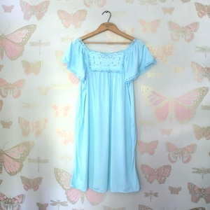vintage 1970er 80er Jill Andrea Lingerie Slip Dress pastellblau nächtliches Nachthemd Öse Spitze Schleife Medium Large