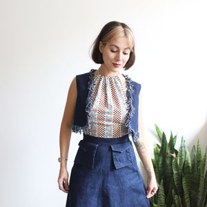 Vintage 1940s 50s xs denim two piece vest skirt set with fringe image 3