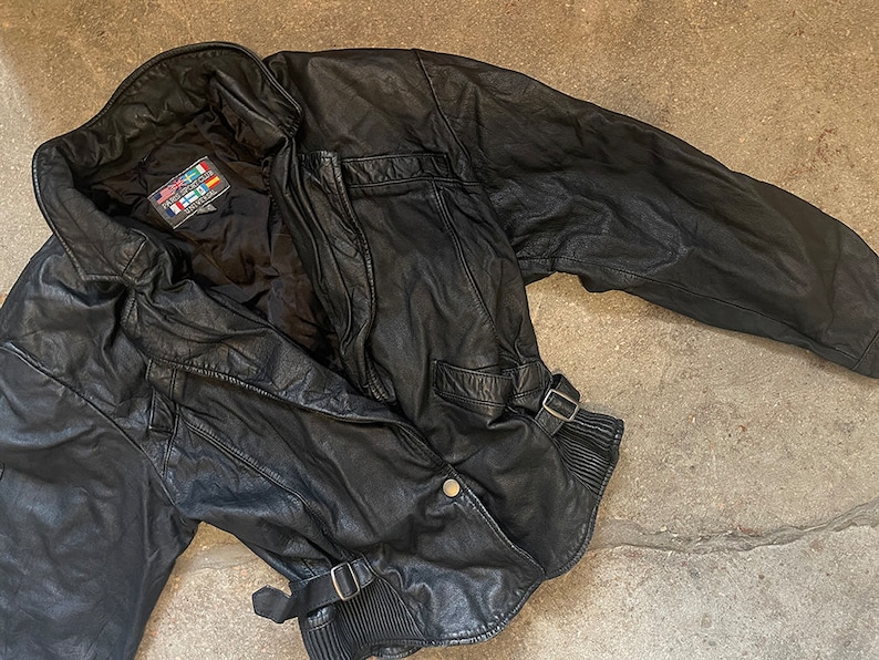 Vintage 1980s 90s Paris Sport Club black xs leather jacket fitted tailored zdjęcie 1