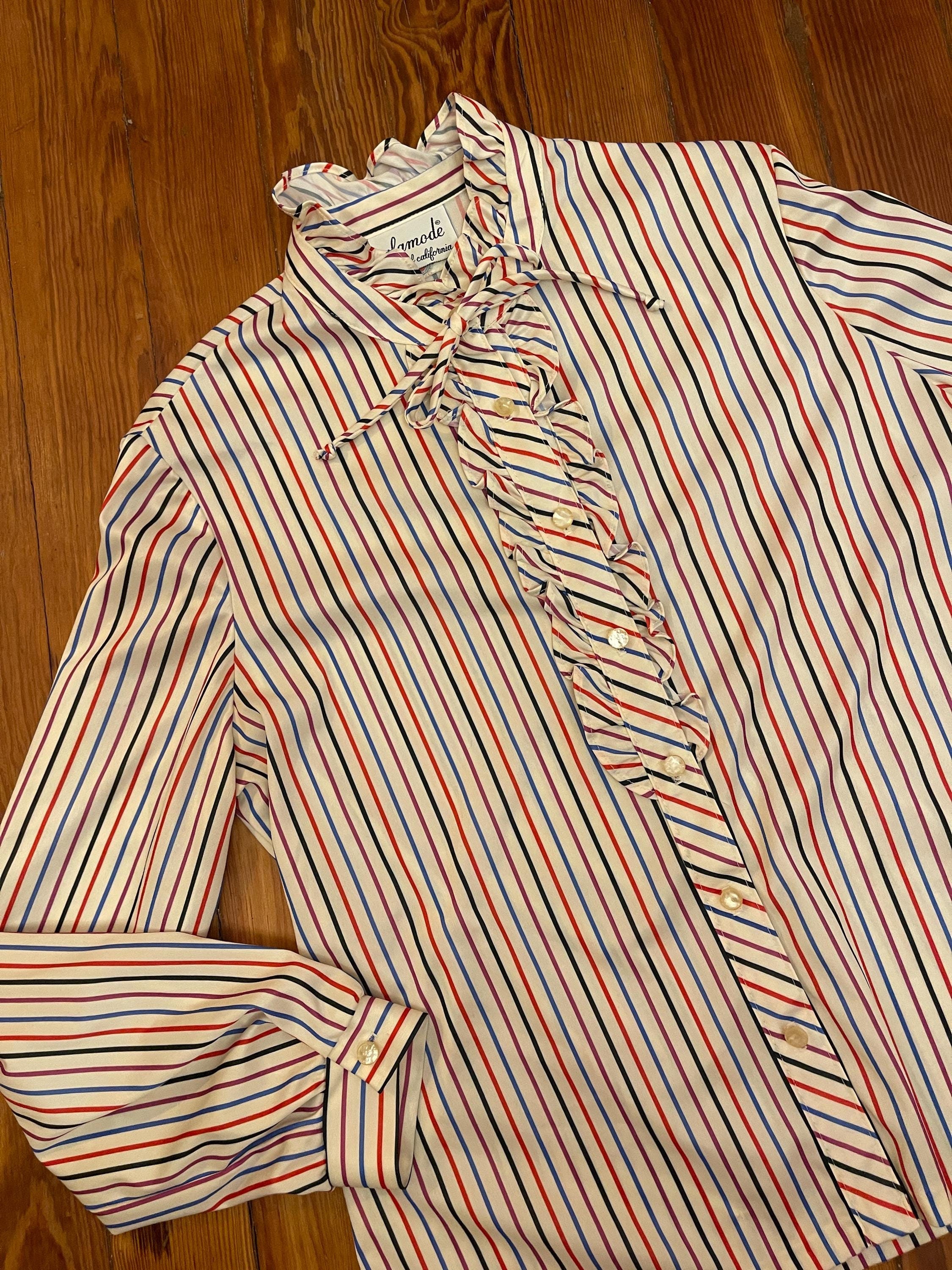 Vintage 1970s Al a Mode pinstriped striped ruffle neckline button down blouse