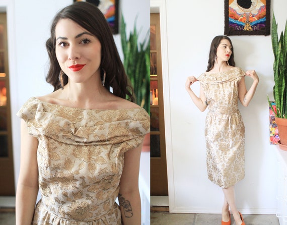 Vintage 1960/'s Metallic Gold Holiday Cocktail Shift Dress with Crystal and Velvet Embellishment