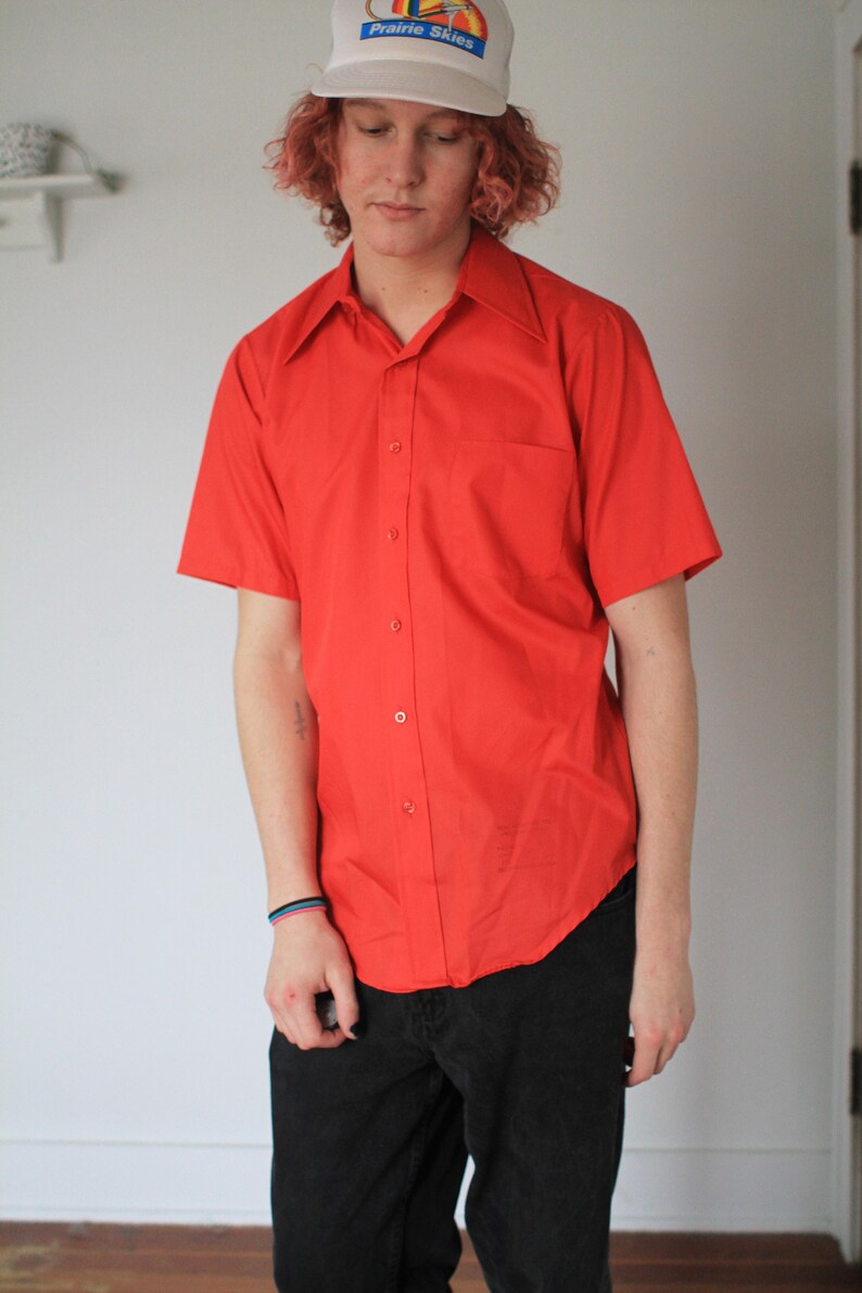 Vintage 1960s Penneys Towncraft short sleeve red button up oxford shirt image 1