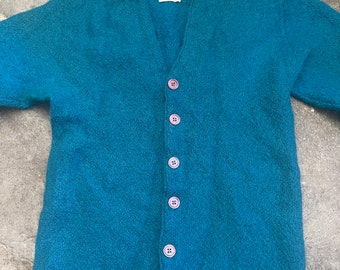 Vintage 1960s Cerulean Blue Mohair Cardigan Sweater Jumper
