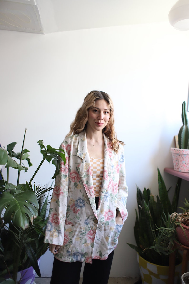 Vintage 1990s pastel floral blazer jacket gingham checked image 2