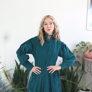 Vintage 1990s xs small J. Christopher teal corduroy long sleeve dress image 6