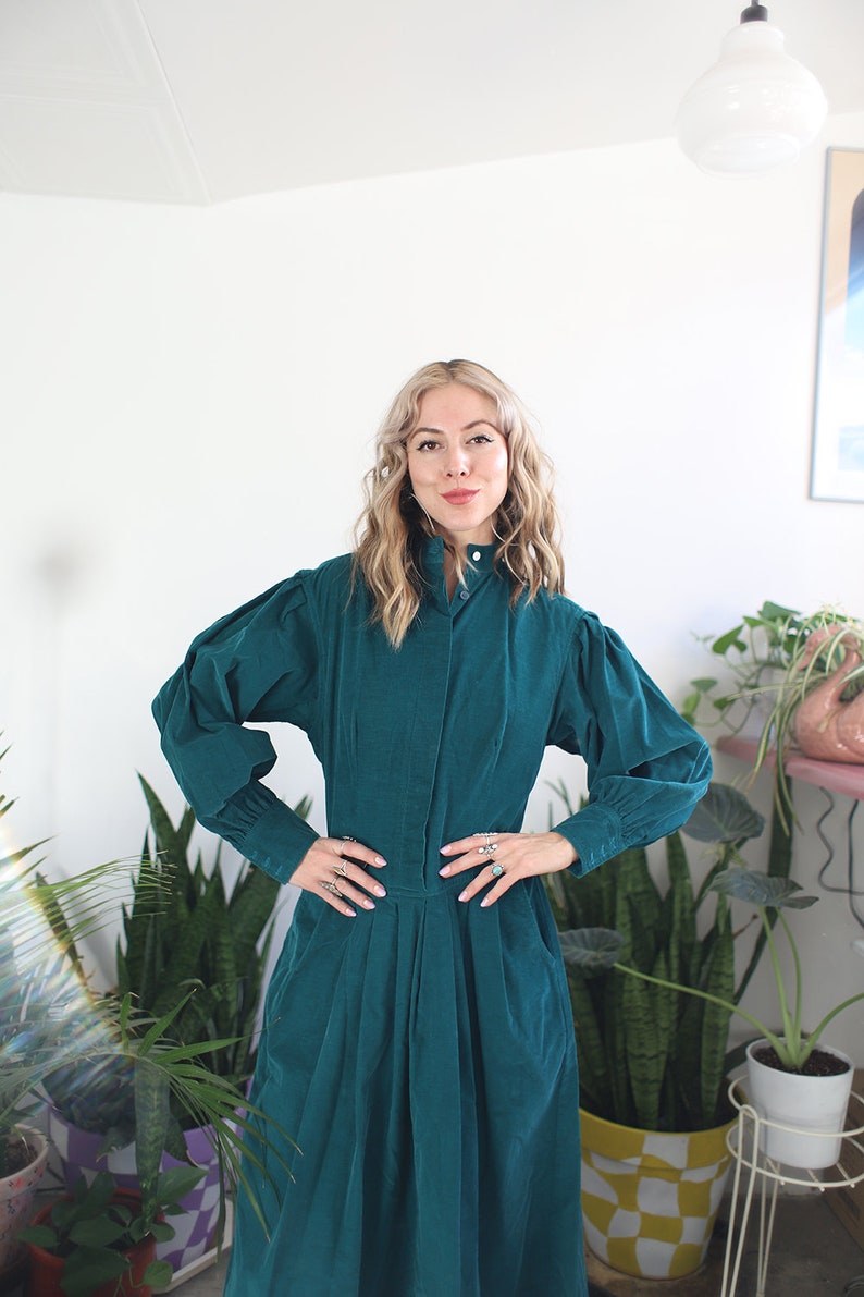 Vintage 1990s xs small J. Christopher teal corduroy long sleeve dress image 6