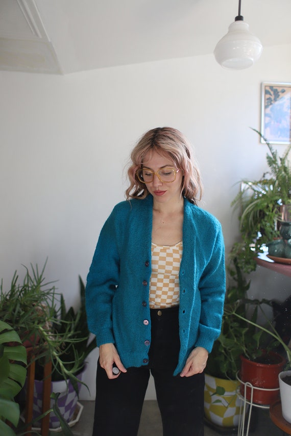 Vintage 1960s Cerulean Blue Mohair Cardigan Sweater Jumper