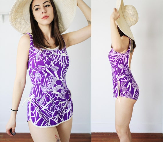 Vintage 1960s Small 36 Bust Purple and White Robby Lee Fashions One Piece  Swimsuit / Bathing Suit / Tropical Floral Novelty Dragonfly Print 