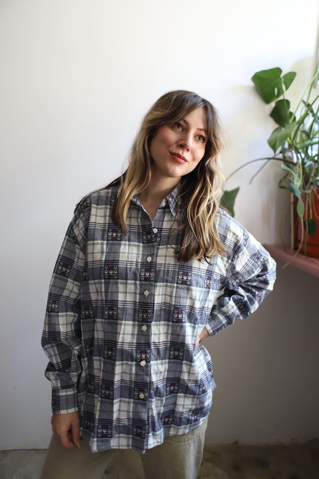 SNNDAY'ＳBEST DOWN TOWN FLANNEL SHIRT Vintage 1990s Plaid Flannel Hearts Cottagecore Long Sleeve