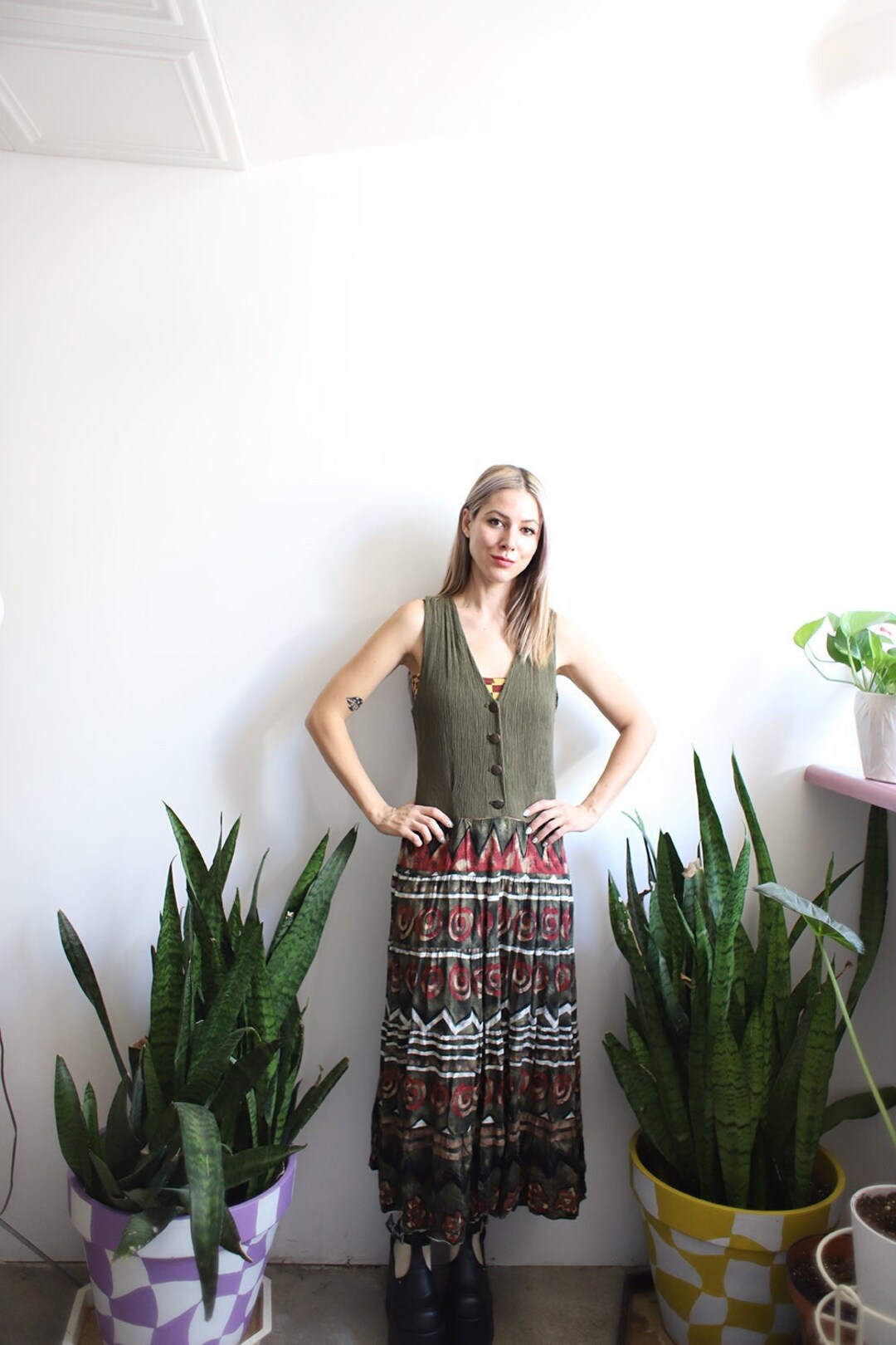 Vintage 1990s Rabbit Rabbit Rabbit Olive Green Sleeveless Maxi Dress ...