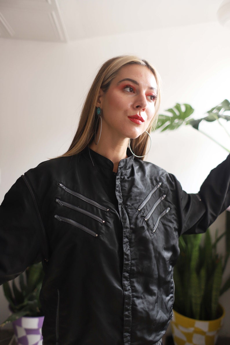 Vintage 1980s Banzai black bomber windbreaker jacket / vest zippers zip off sleeves image 4