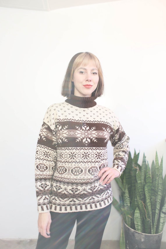 Vintage 1980s 90s small off-white brown fair isle 