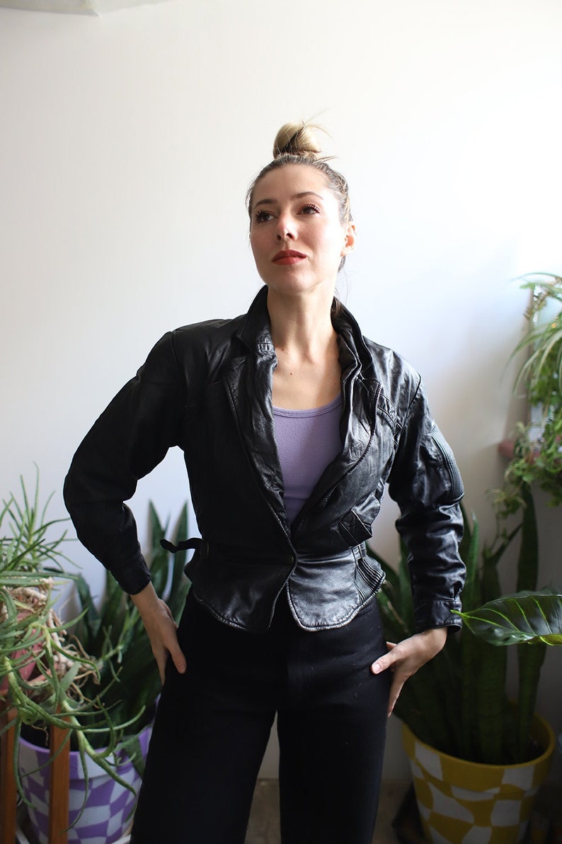 Vintage 1980s 90s Paris Sport Club black xs leather jacket fitted tailored zdjęcie 3