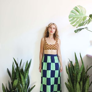 Vintage 1960s xs high waist green dark blue checkered maxi skirt 23 24 image 2