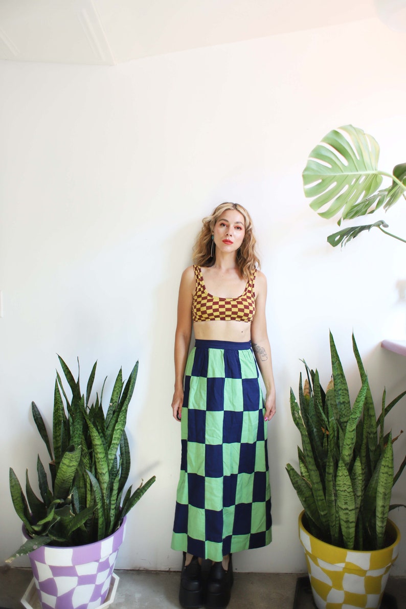 Vintage 1960s xs high waist green dark blue checkered maxi skirt 23 24 image 2