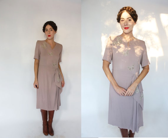 Vintage 1940s rayon crepe butterfly dress - dusty