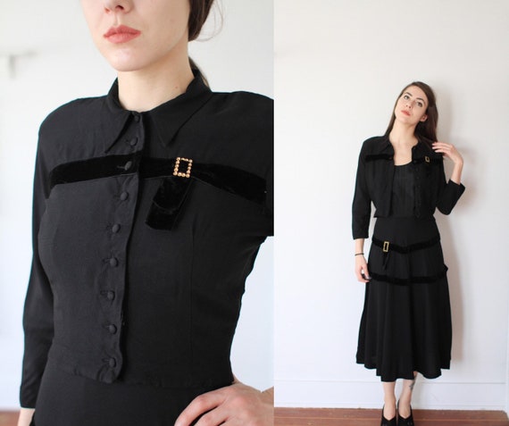 Vintage 1940s Marlene Jr black rayon crepe dress … - image 1