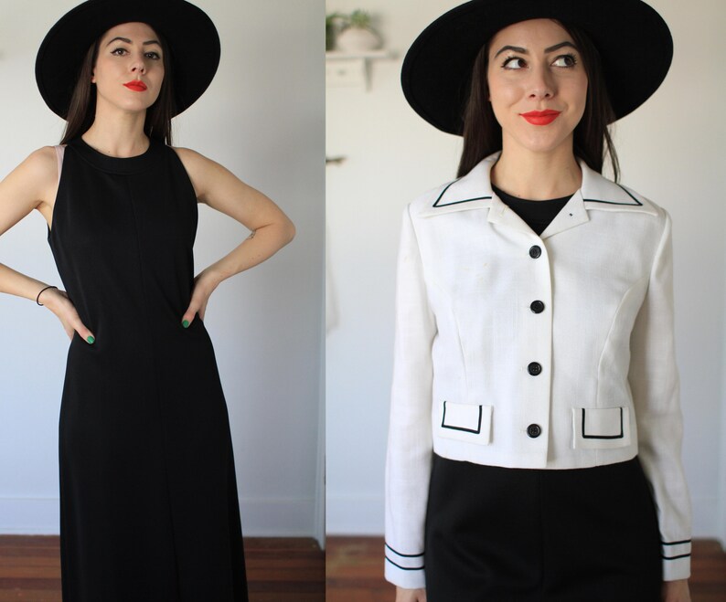white boxy blazer jacket set button up Vintage 1970s small medium My Latest Leslie Fay sleeveless black maxi dress