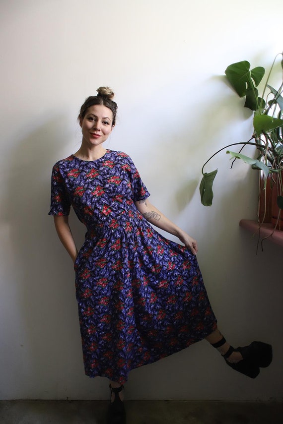 Vintage 1990s Liz Claiborne Two Piece Outfit Blue Floral Shirt