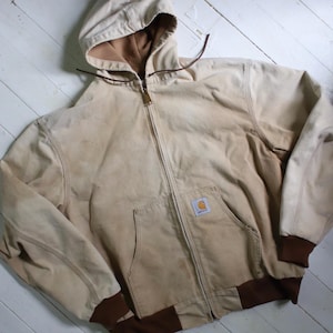 vintage XL Carhartt J03 BRN Ente Canvas Kapuzenjacke Mantel beunruhigt getragen in voller Reißverschluss Arbeitskleidung