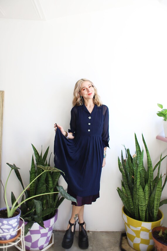 1210539 Navy Blue Striped Slit Slip Dress