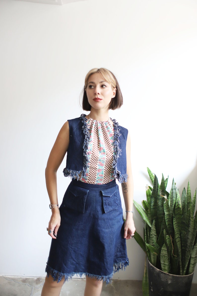 Vintage 1940s 50s xs denim two piece vest skirt set with fringe image 4