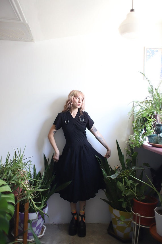 Vintage 1940s small black rayon crepe dress - image 1