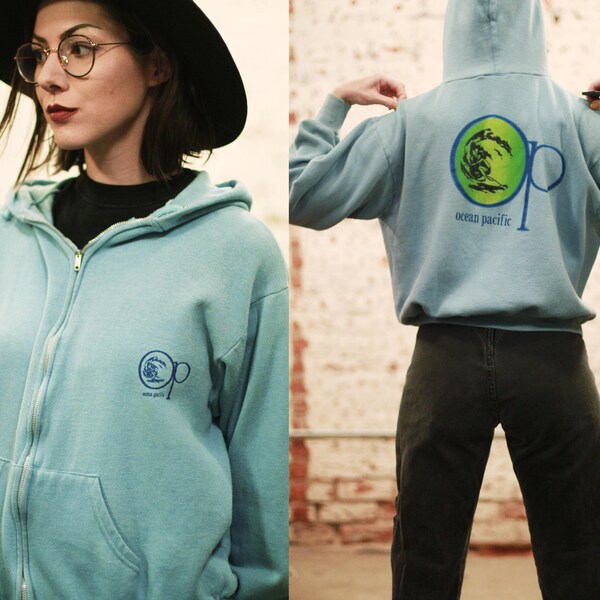 Vintage 1980s 80s 90s unisex medium / large OP Ocean Pacific Sunwear zip up hoodie / hooded sweatshirt / pastel light blue / surf