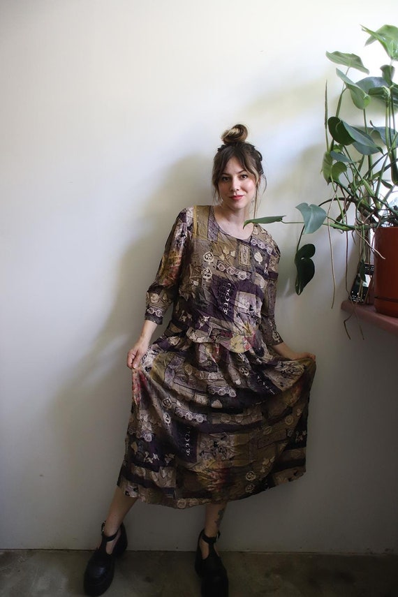 s l fashions vintage dress Ignite Evenings Floral Print Tiered Chiffon Midi Dress, Womens, 18, Cream Multi main image 0