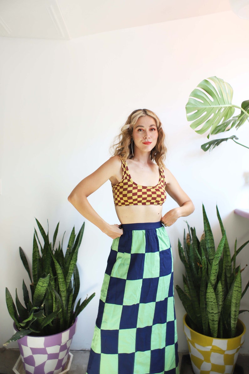 Vintage 1960s xs high waist green dark blue checkered maxi skirt 23 24 image 5