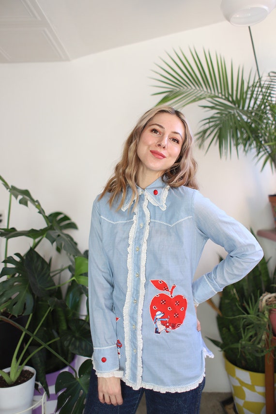 Vintage 1960s 70s xs button down apple + floral f… - image 4