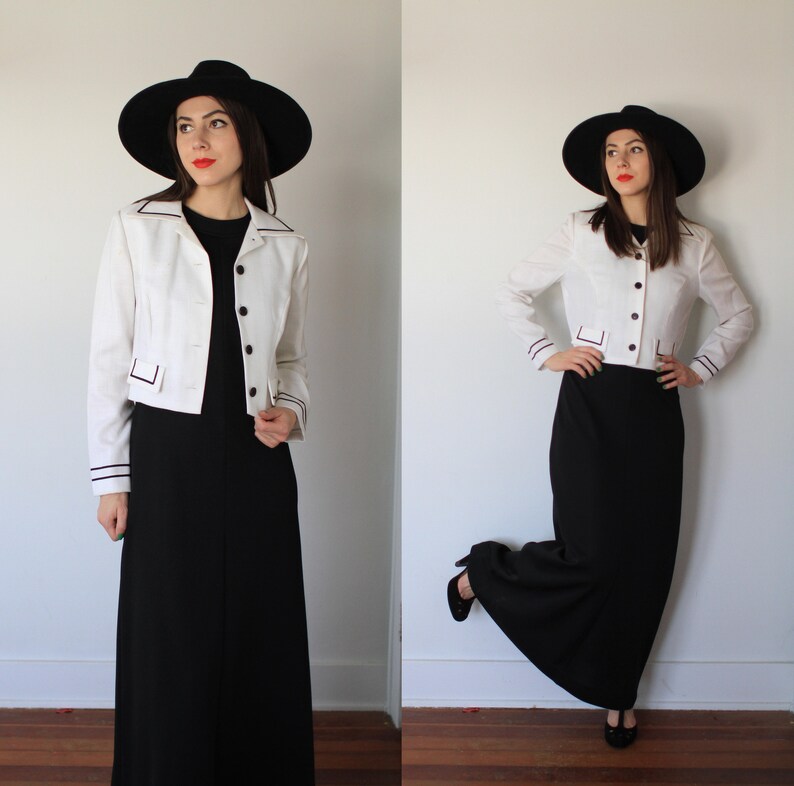 white boxy blazer jacket set button up Vintage 1970s small medium My Latest Leslie Fay sleeveless black maxi dress