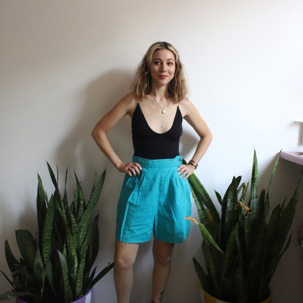 Vintage 1980s 90s Rafaella 26" high waist teal turquoise shorts