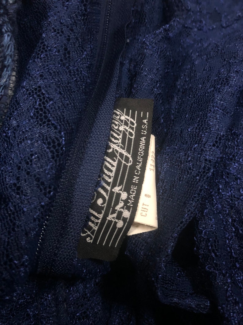 Vintage 1990s All That Jazz xs small dark blue lace dress 40s inspired puff sleeves sheer