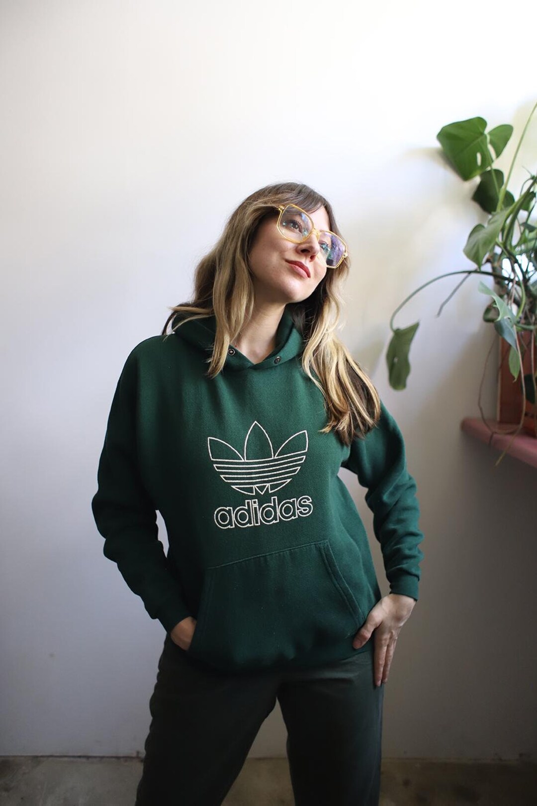 Vintage 1990s ADIDAS Made in USA Dark Forest Green Hoodie Hooded