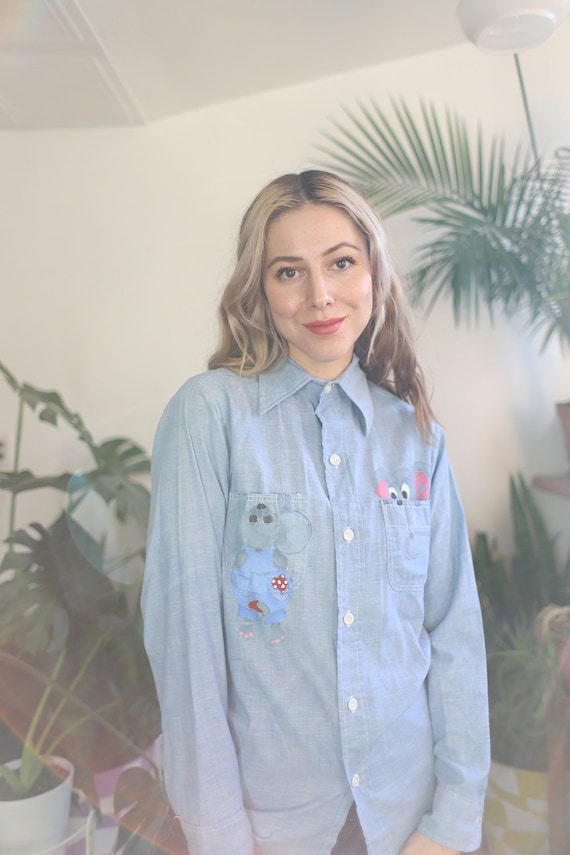 Vintage 1960s 70s light blue chambray button down… - image 1