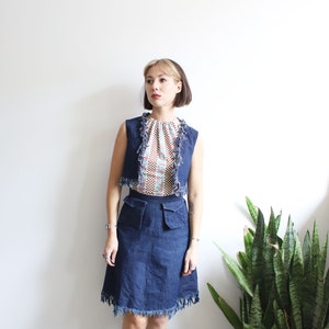 Vintage 1940s 50s xs denim two piece vest skirt set with fringe image 2