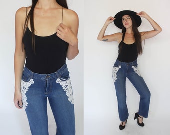 Vintage 1990s small 27" waist denim jeans - straight leg - eyelet doily details