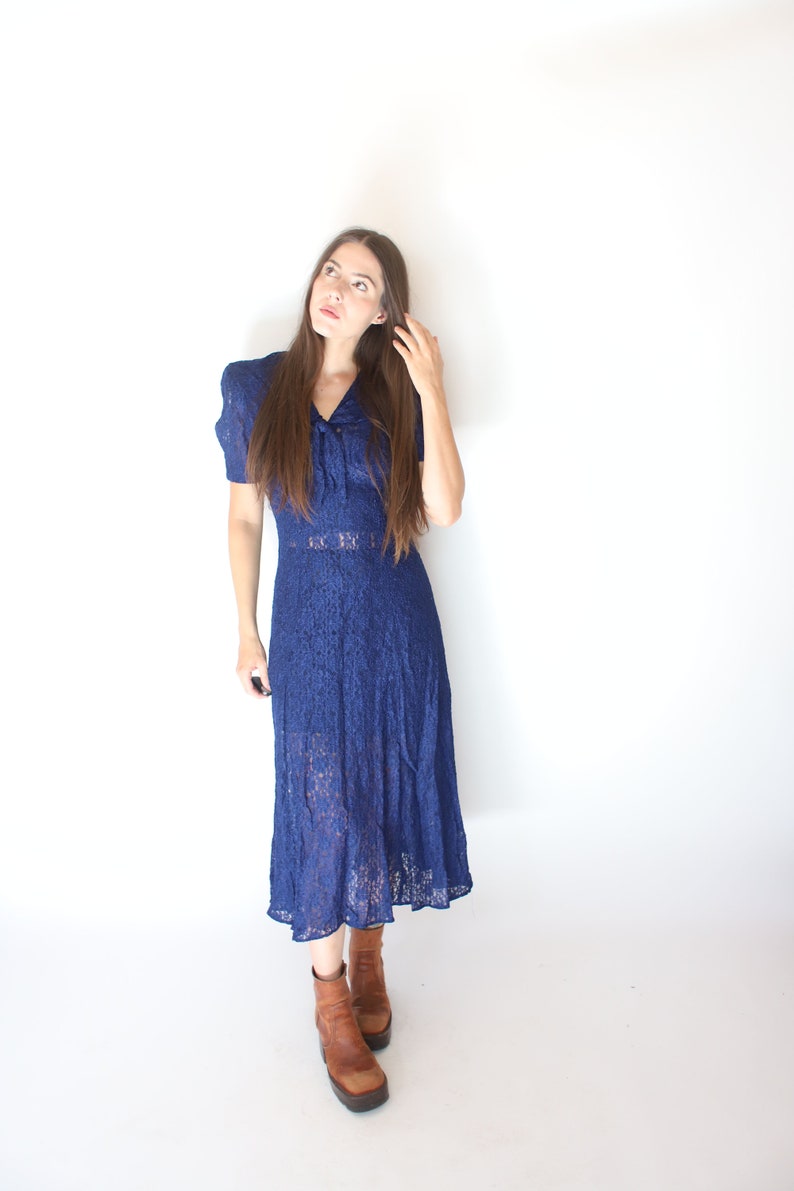 Vintage 1990s All That Jazz xs small dark blue lace dress 40s inspired puff sleeves sheer