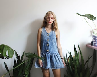 Vintage 1990s xs sleeveless acid wash stonewashed denim jean dress - drop waist mini