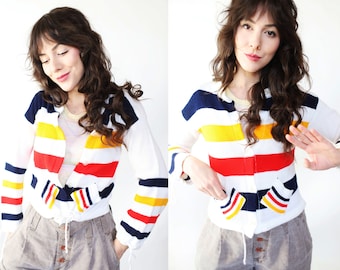 Vintage 1960s xs Lil Funky Knits hudson bay style stripe cardigan sweater