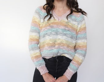 Vintage 1980s DonKenney pastel striped sparkle pullover sweater jumper v-neck / cropped