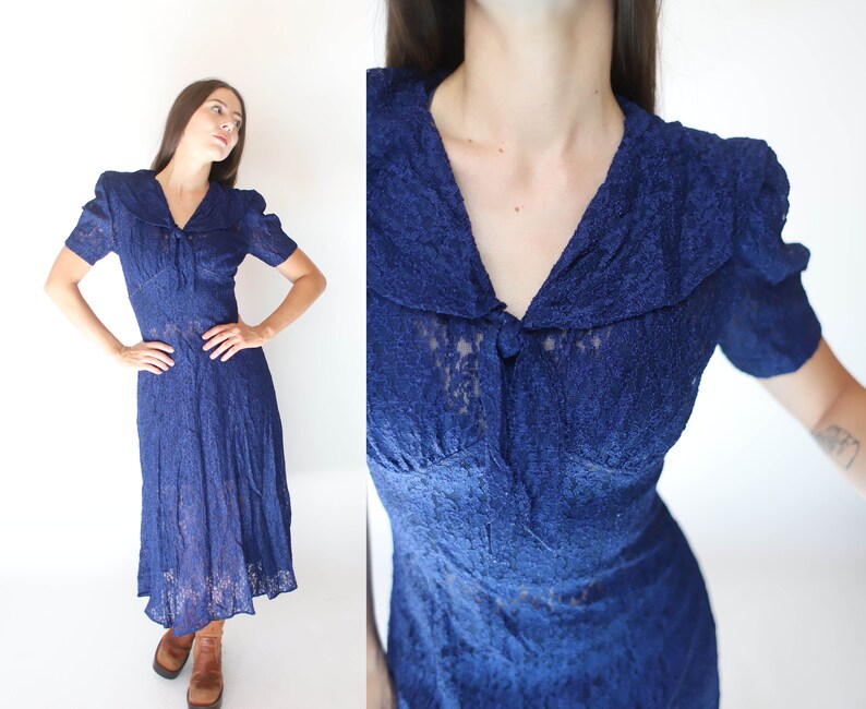 Vintage 1990s All That Jazz xs small dark blue lace dress 40s inspired puff sleeves sheer