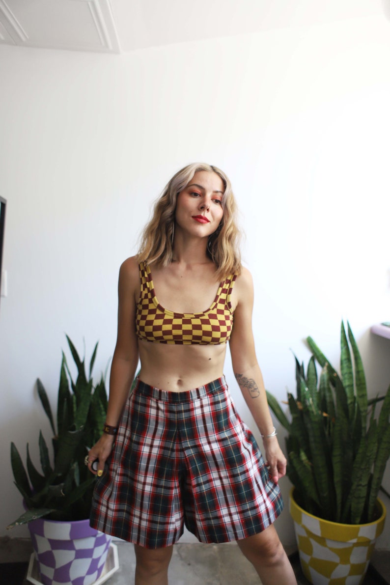 Vintage 1980er 90er high waist Tartan karierte gemusterte Shorts skort 70 cm Bild 7